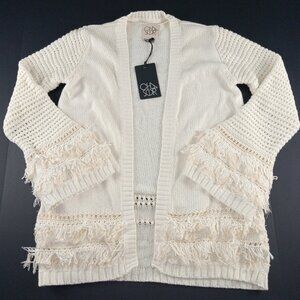 Chaser Fringe Open Front Cardigan Sweater Women's Size Medium Natural Pockets